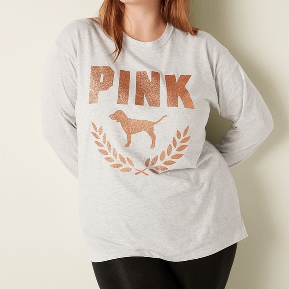 Victoria's Secret PINK Shine Long Sleeve Campus Tee Grey w Glitter Logo L NEW - Picture 1 of 5